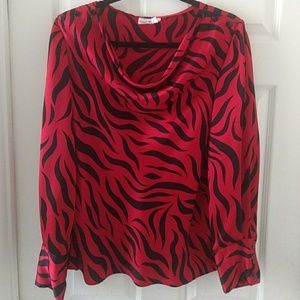 Red & Black Zebra print draped neck blouse sz 14